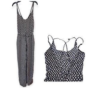 Bishop + Young Silky Rayon Spaghetti Strap Open Back Wide Leg Geometric Jumpsuit